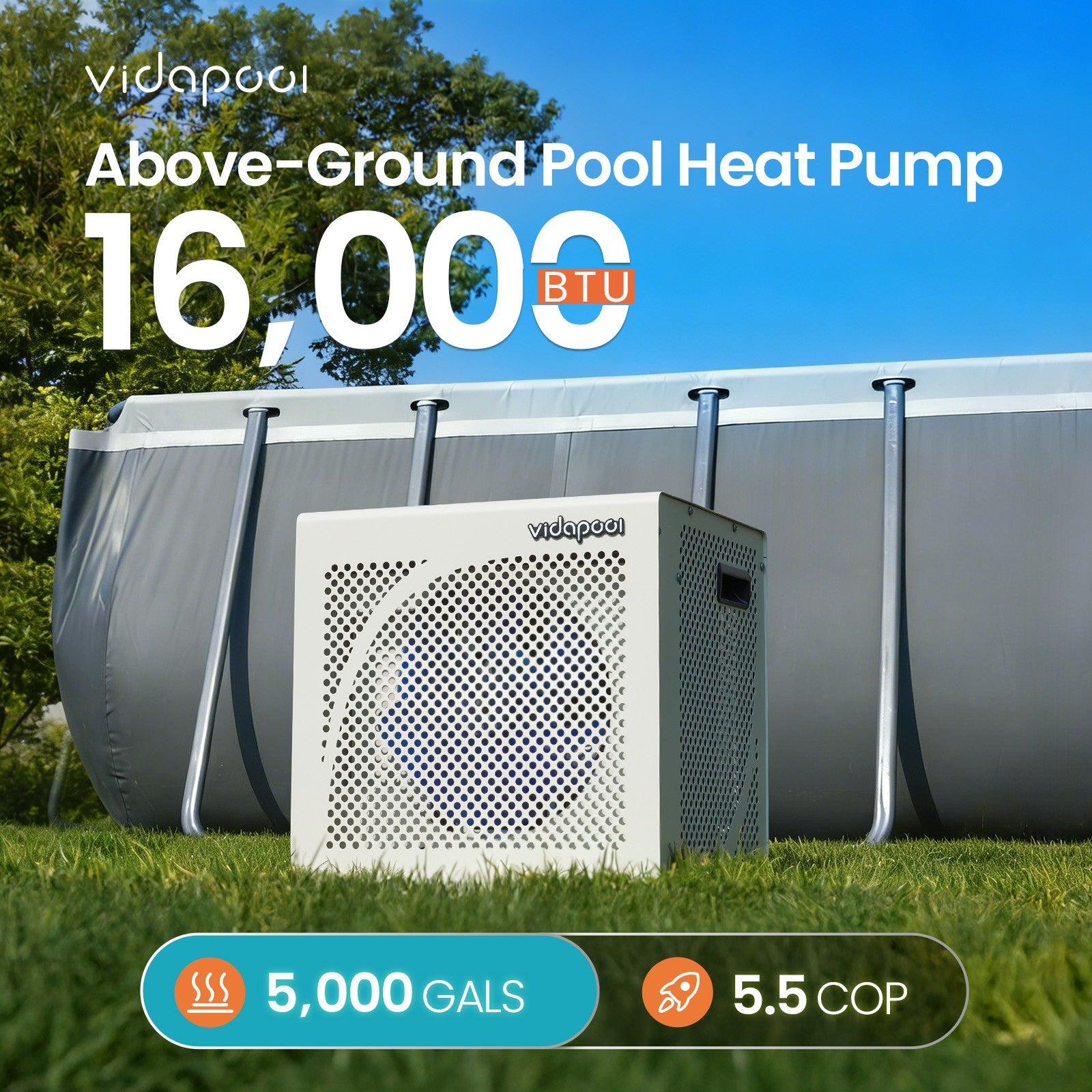 VTX016 16,000 BTU Swimming Pool Heater 7.5 COP Electric Pool Heat Pump for Above Ground and Inground Pools Heating and Cooling Smart WiFi Control Pools Up to,5000 Gallons