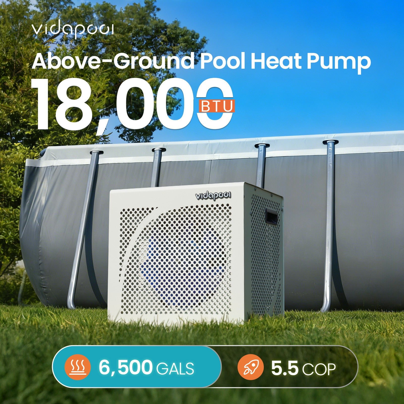 VTX018 18,000 BTU Swimming Pool Heater 7.5 COP Electric Pool Heat Pump for Above Ground and Inground Pools Heating and Cooling Smart WiFi Control Pools Up to,6500 Gallons