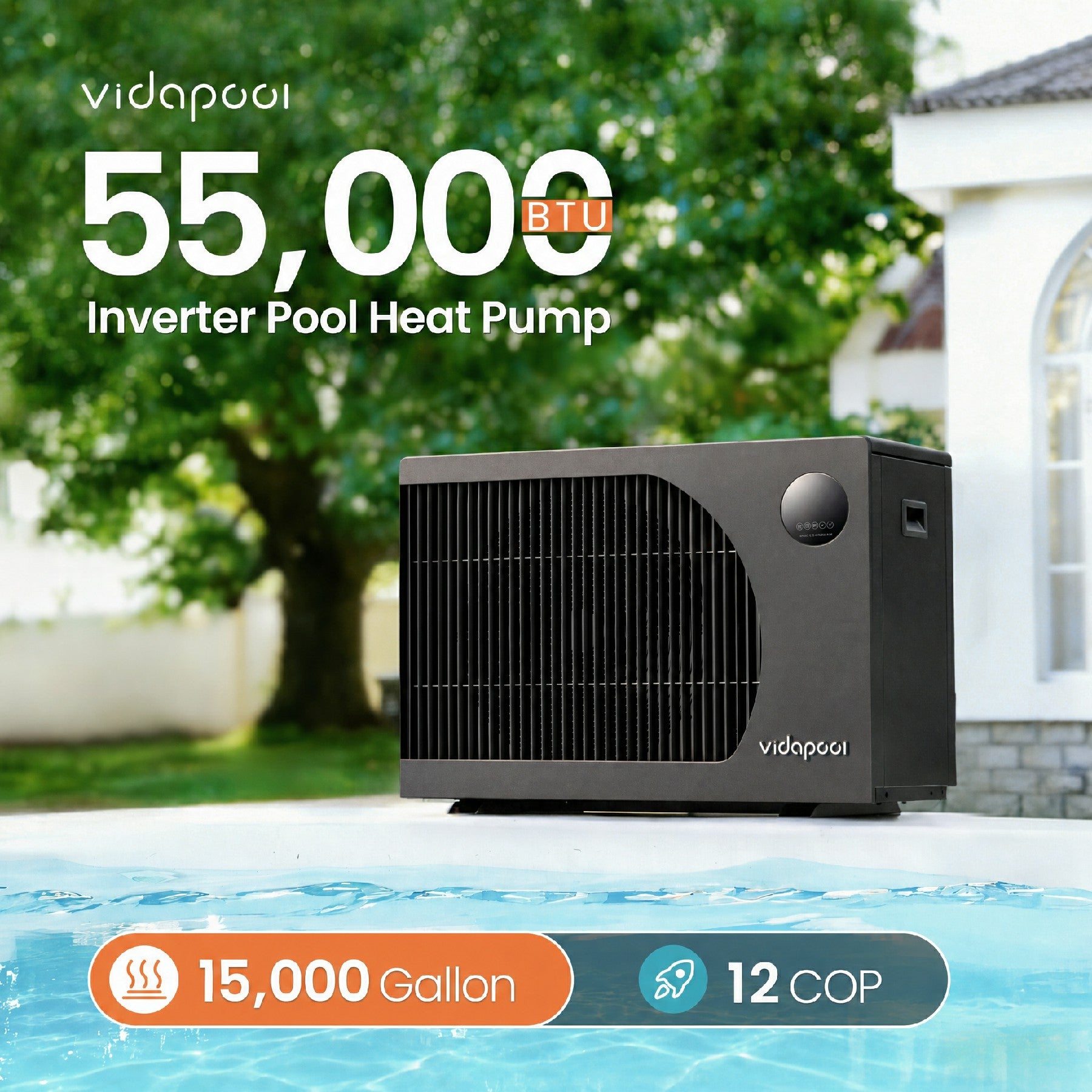 VTX055 55,000 BTU Swimming Pool Heater 12 COP Electric Pool Heat Pump for Above Ground and Inground Pools Heating and Cooling Smart WiFi Control Pools Up to,16000 Gallons