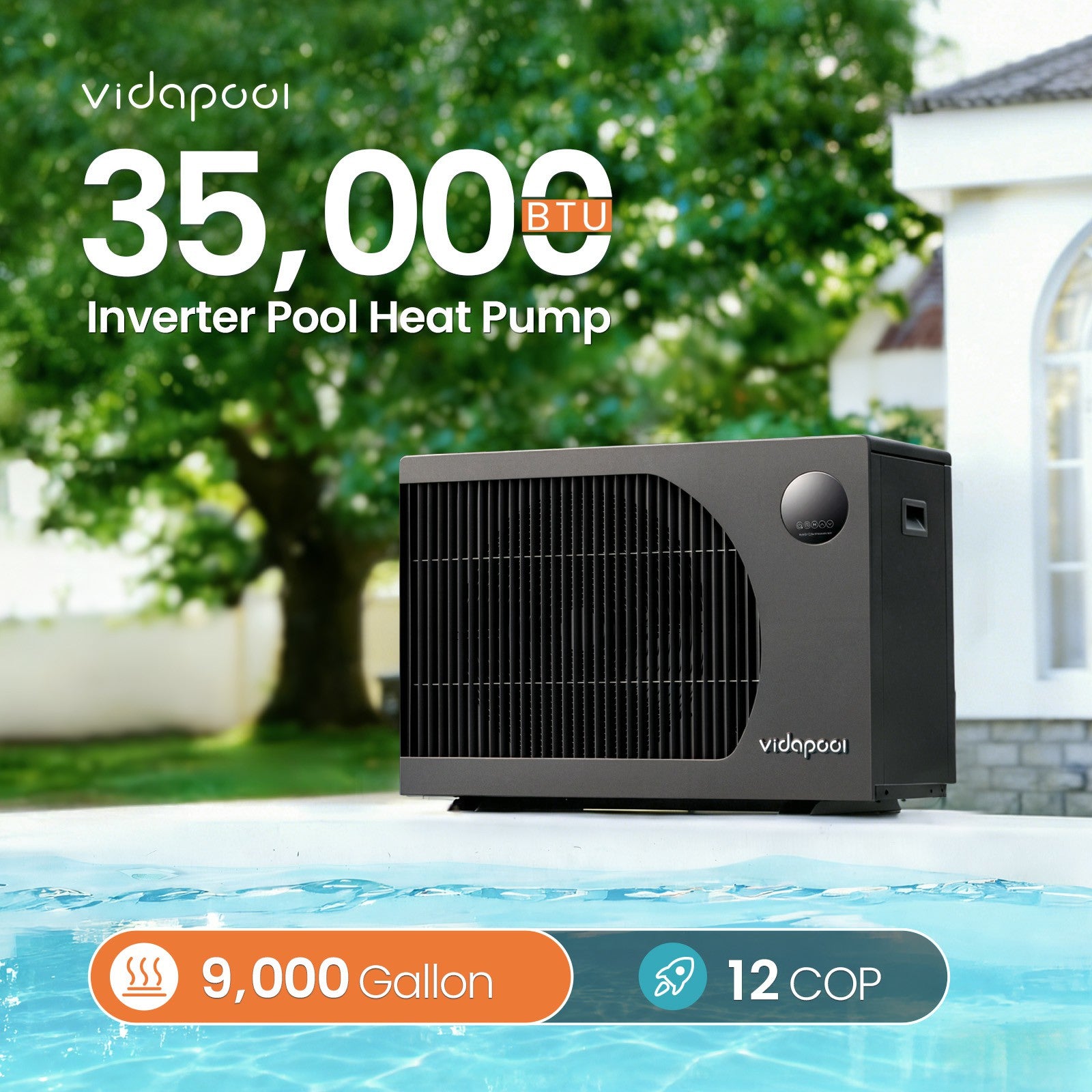 VTX035 35,000 BTU Swimming Pool Heater 12 COP Electric Pool Heat Pump for Above Ground and Inground Pools Heating and Cooling Smart WiFi Control Pools Up to,9000 Gallons