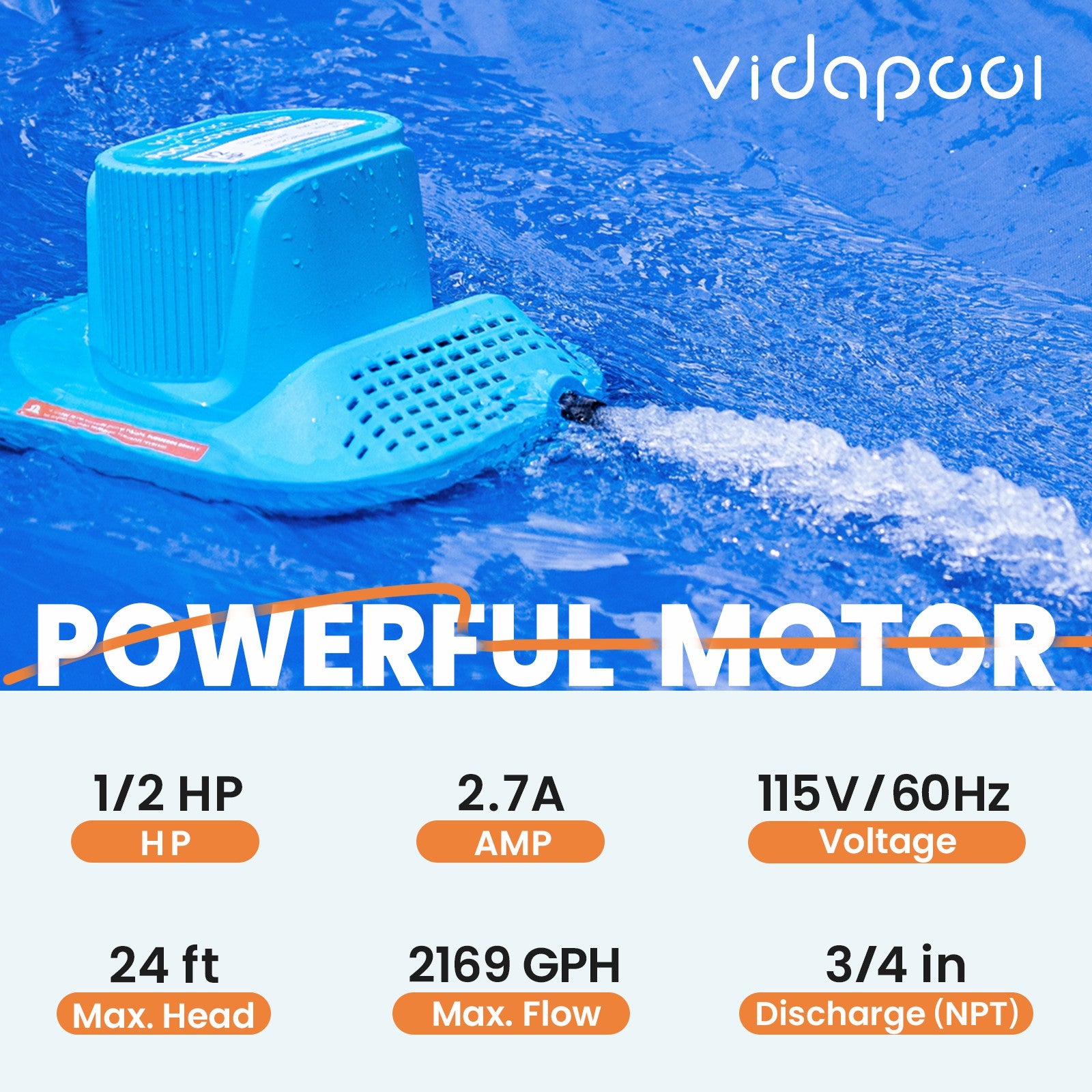 SUC50E 1/2 HP Pool Cover Pump | 2169 GPH | Auto On/Off | 25ft Cord