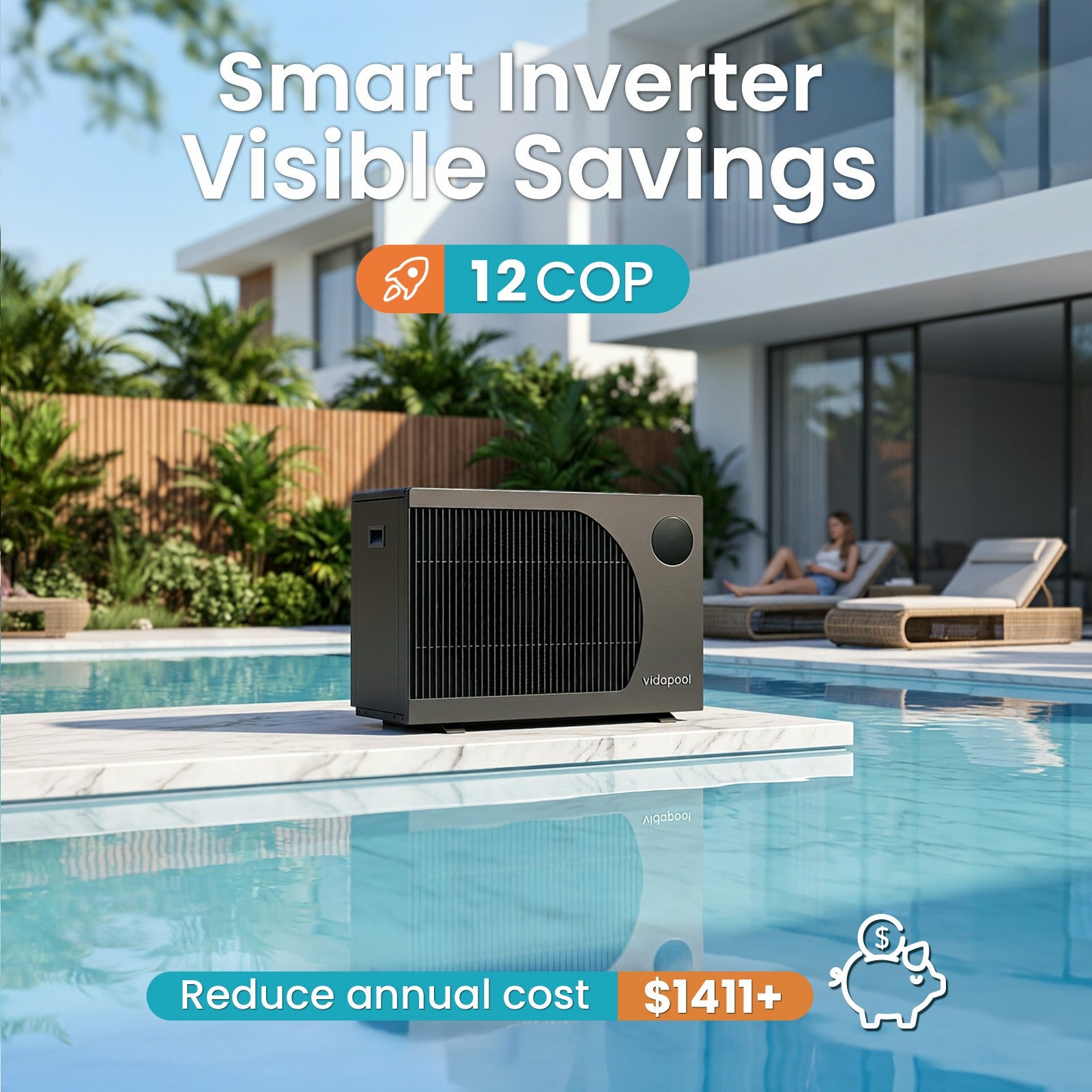 VTX055 55,000 BTU Swimming Pool Heater 12 COP Electric Pool Heat Pump for Above Ground and Inground Pools Heating and Cooling Smart WiFi Control Pools Up to,16000 Gallons