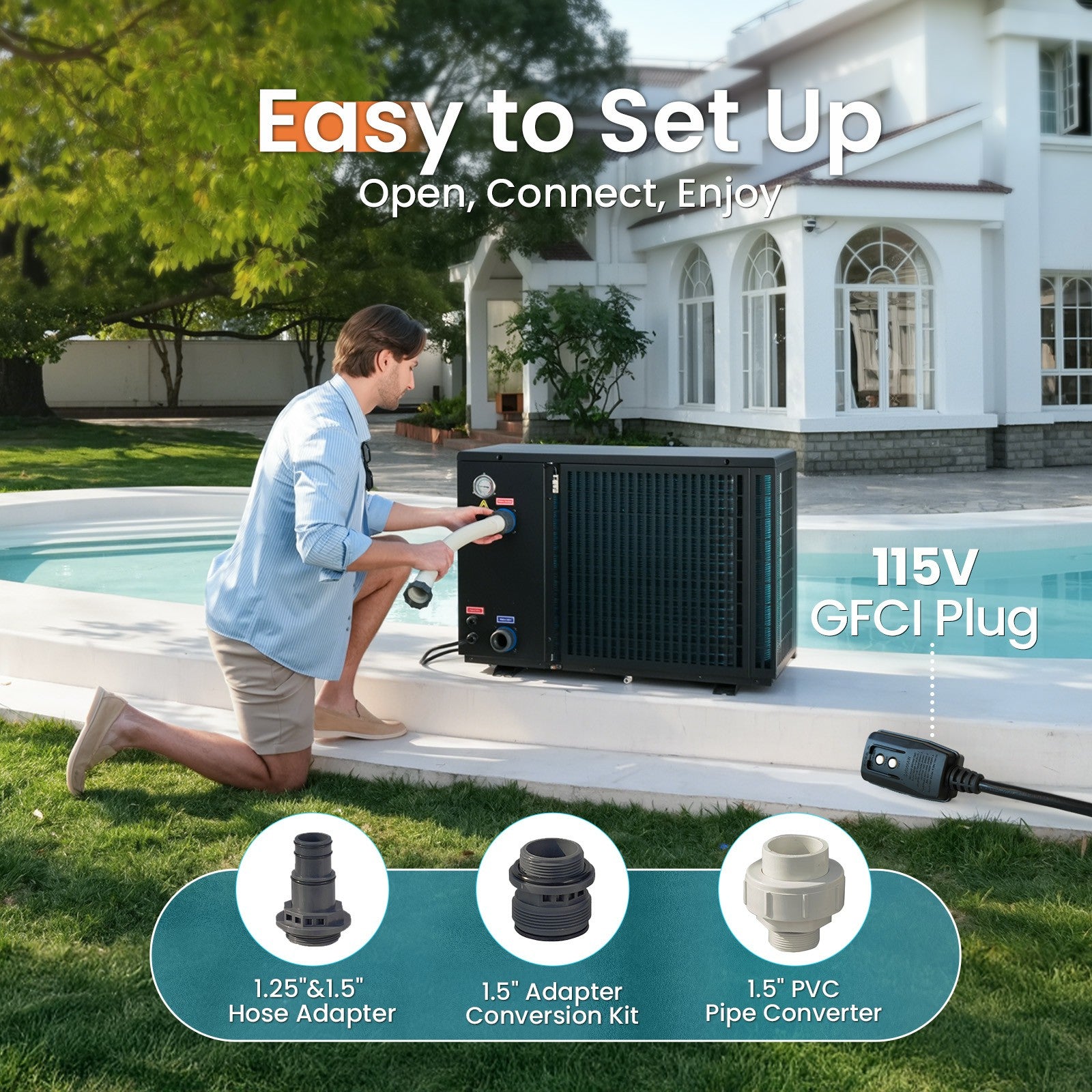 VTX075 75,000 BTU Swimming Pool Heater 12 COP Electric Pool Heat Pump for Above Ground and Inground Pools Heating and Cooling Smart WiFi Control Pools Up to,21000 Gallons