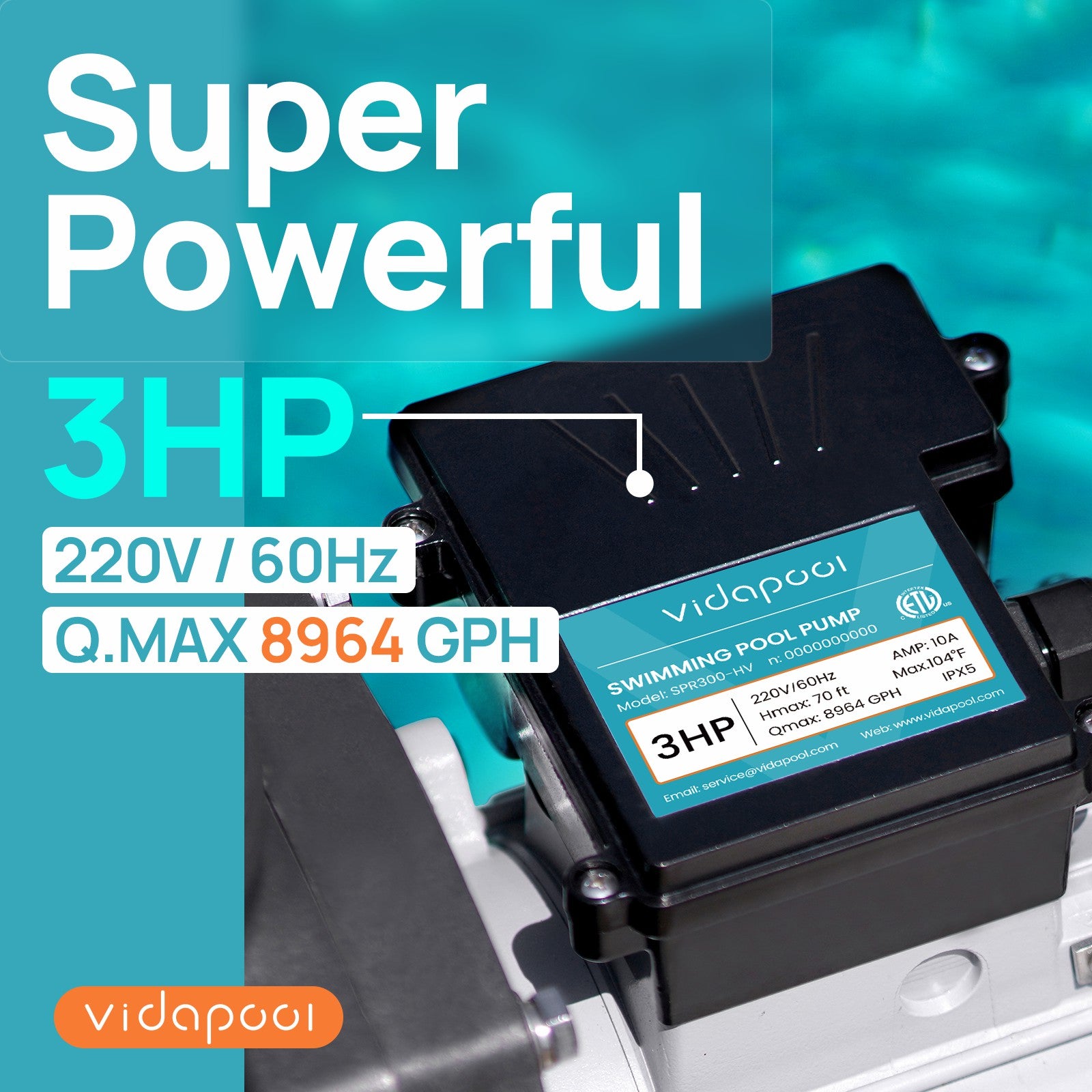 SPR300-HV In/Above Ground Pool Pump, Self Primming High Flow (Single Speed, 3HP, 8964 GPH, 220V)