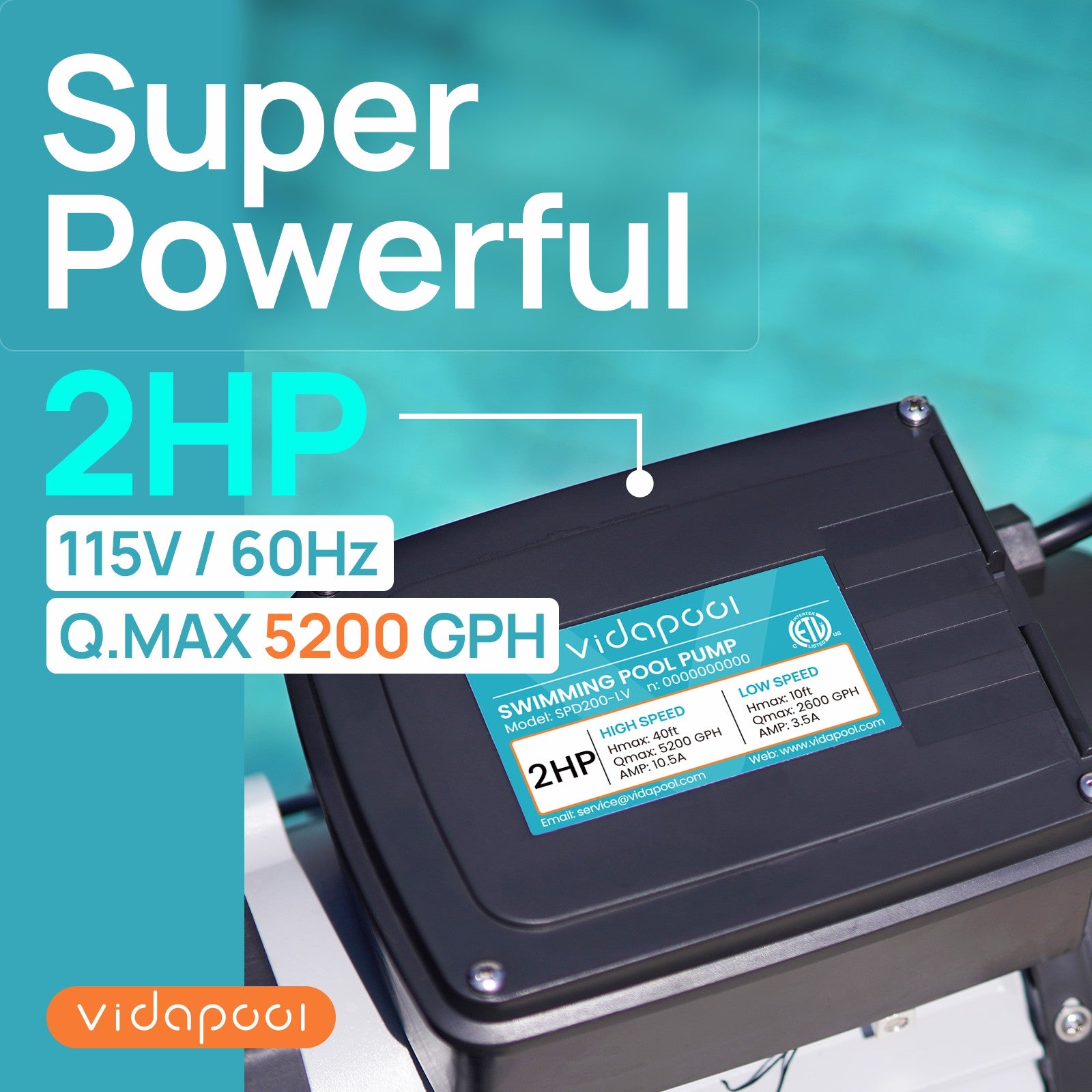 SPD200-LV In/Above Ground Pool Pump, Self Primming High Flow (Dual Speed, 2HP, 5200 GPH, 115V)