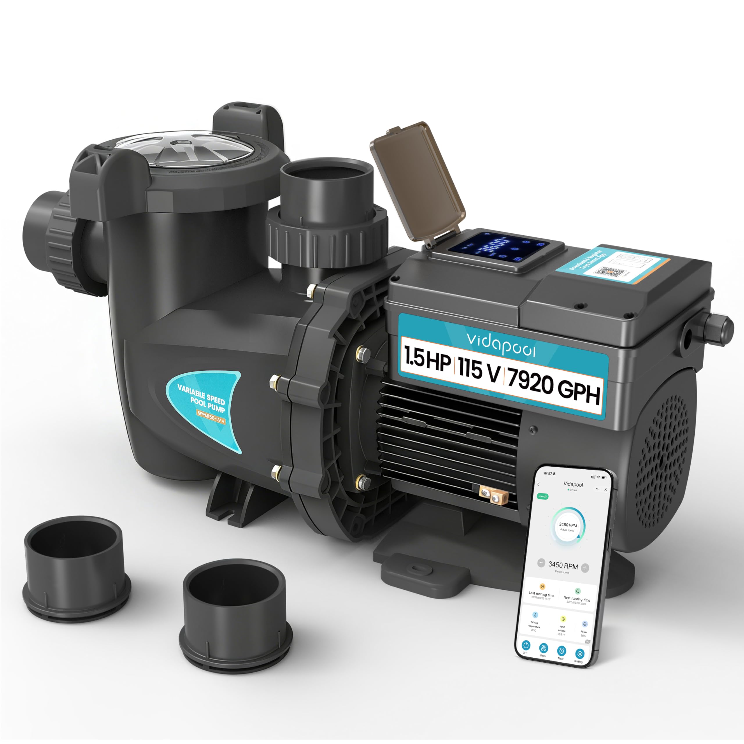 SPPM150-LV Variable Speed Pool Pump, In/Above Pool Pump with Filter Basket, 1.5 HP, 115V, 7920GPH