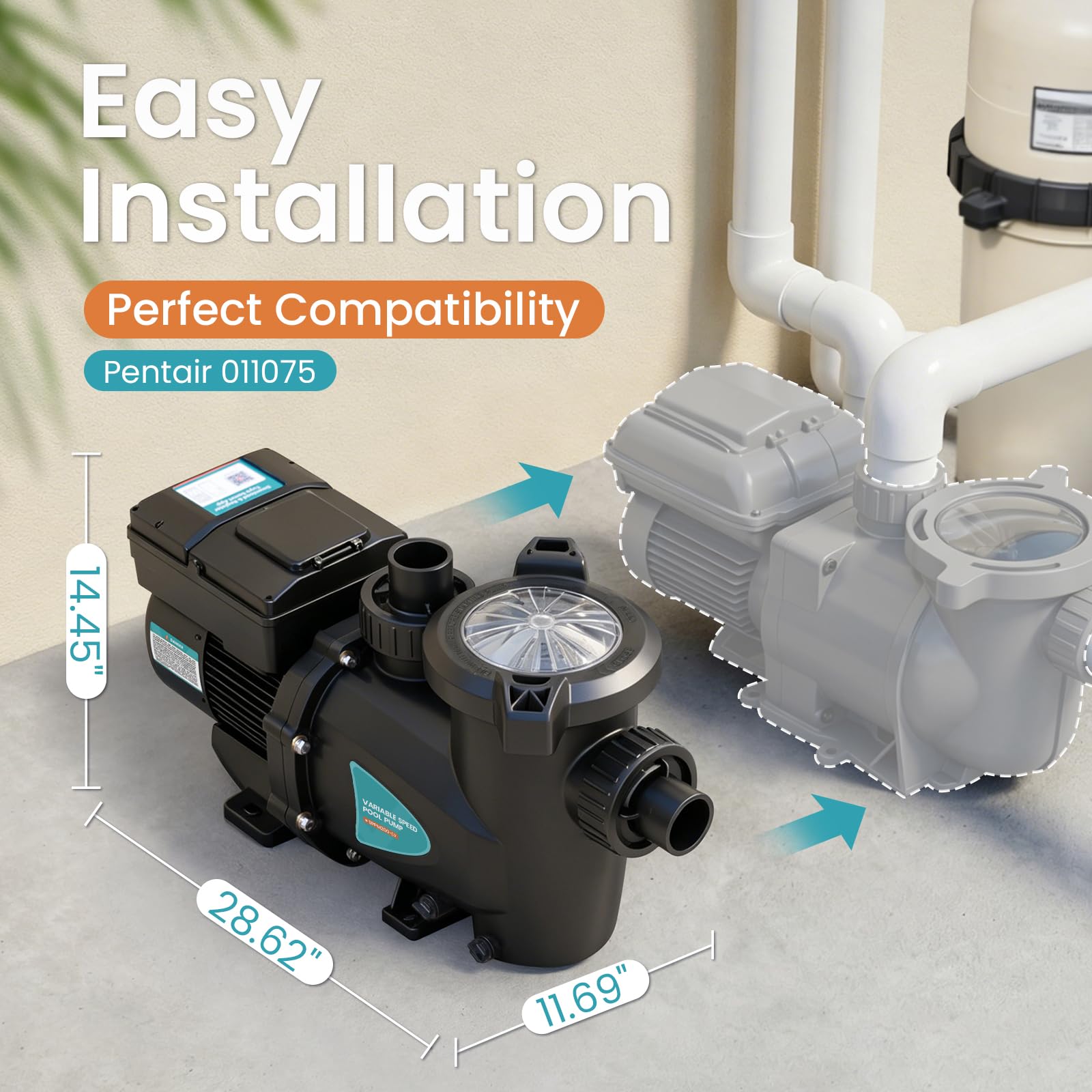 SPPM200-LV Variable Speed Pool Pump, In/Above Pool Pump with Filter Basket, 2 HP, 115V, 10140GPH