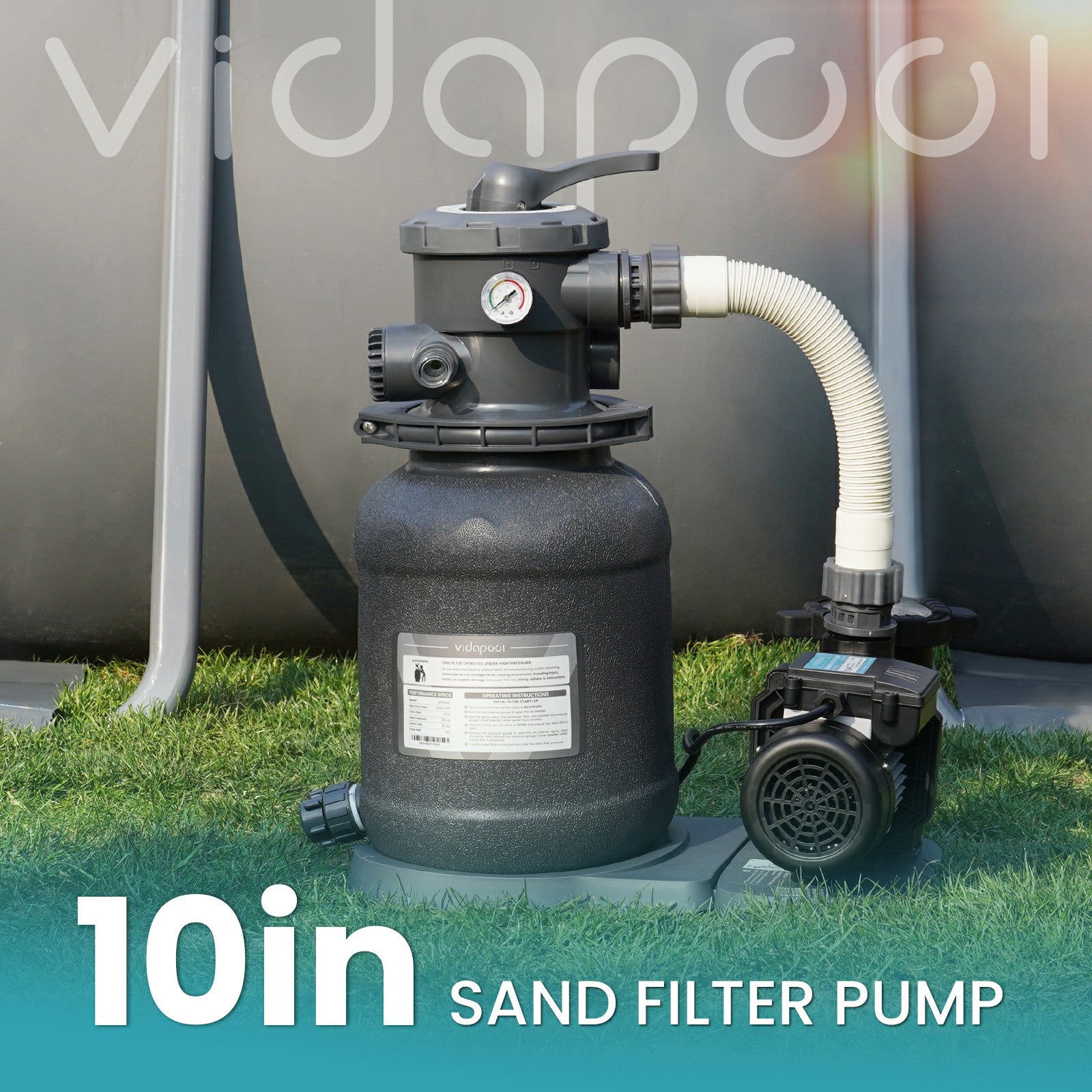 VIDAPOOL Sand Filter Pump for Above Ground Pool, Pool Pumps Above Ground, Pool Sand Filter with 6-Way Valve, 10in, 1/2 HP 2500 GPH, for Pools up to 11,000 Gallons, Efficient Filtration