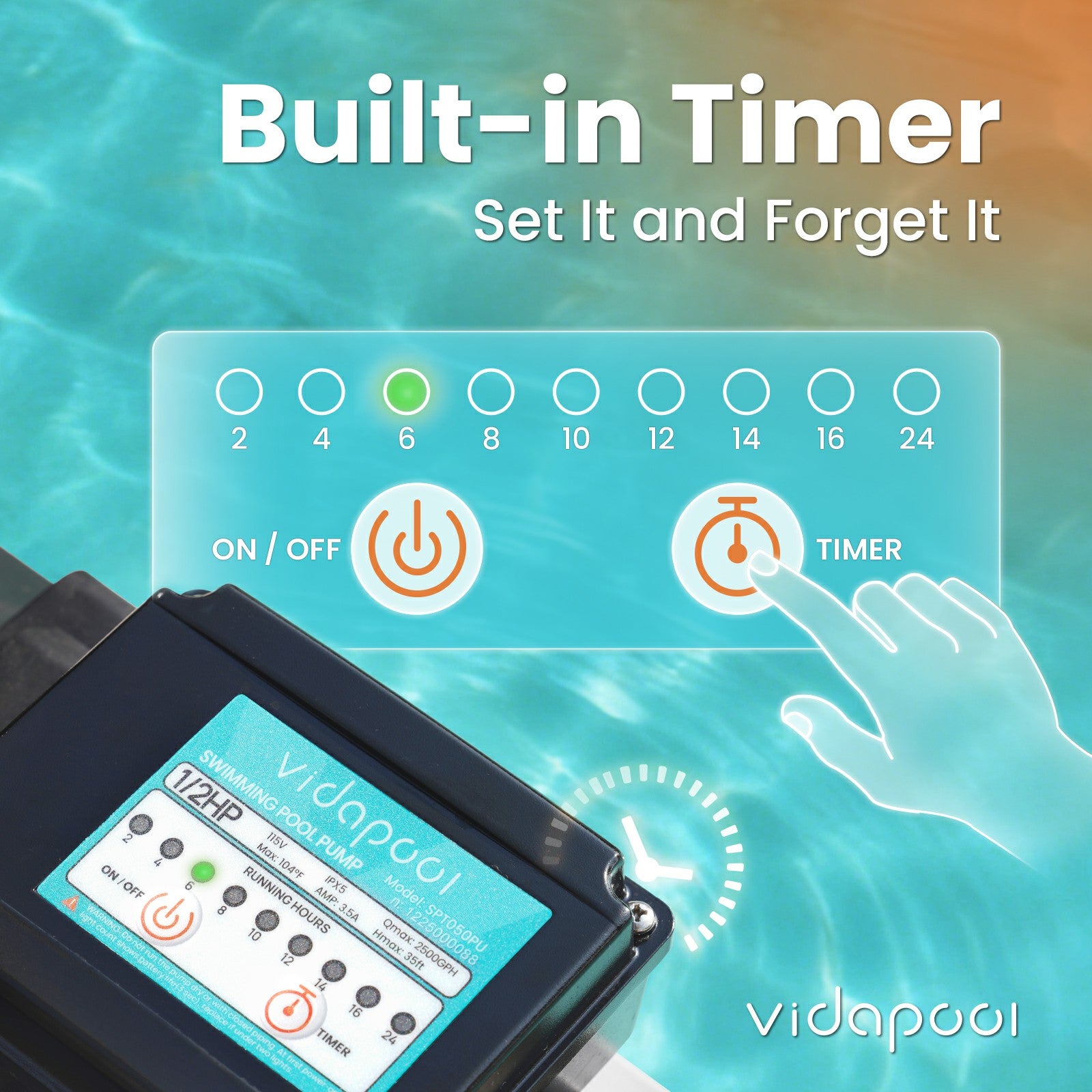 VIDAPOOL Sand Filter Pump for Above Ground Pool, Pool Pumps Above Ground, Pool Sand Filter with 6-Way Valve, 10in, 1/2 HP 2500 GPH with Timer, for Pools up to 11,000 Gallons, Efficient Filtration