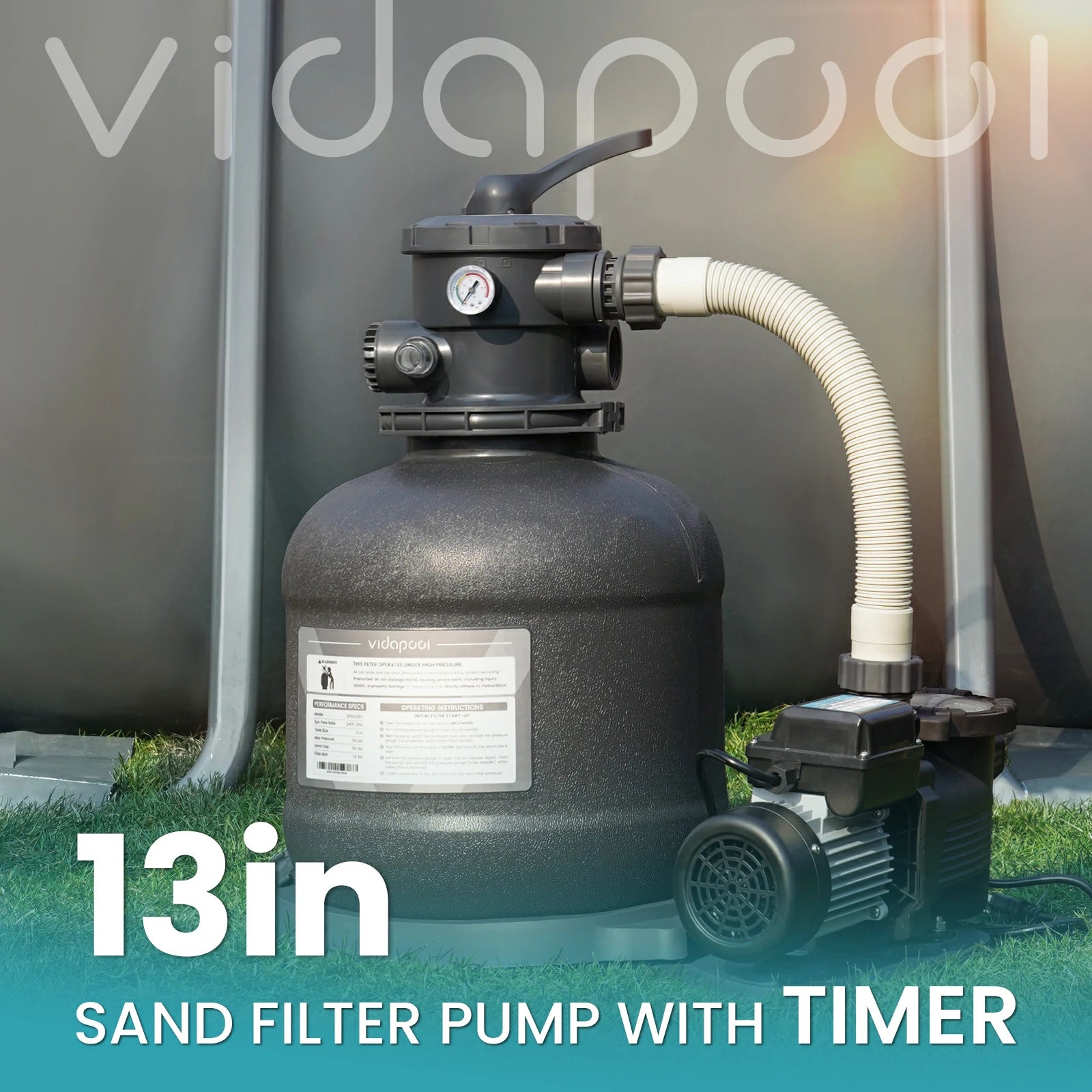 VIDAPOOL Sand Filter Pump for Above Ground Pool, Pool Pumps Above Ground, Pool Sand Filter with 6-Way Valve, 13in, 2/3 HP 3000 GPH with Timer, for Pools up to 13,000 Gallons, Efficient Filtration
