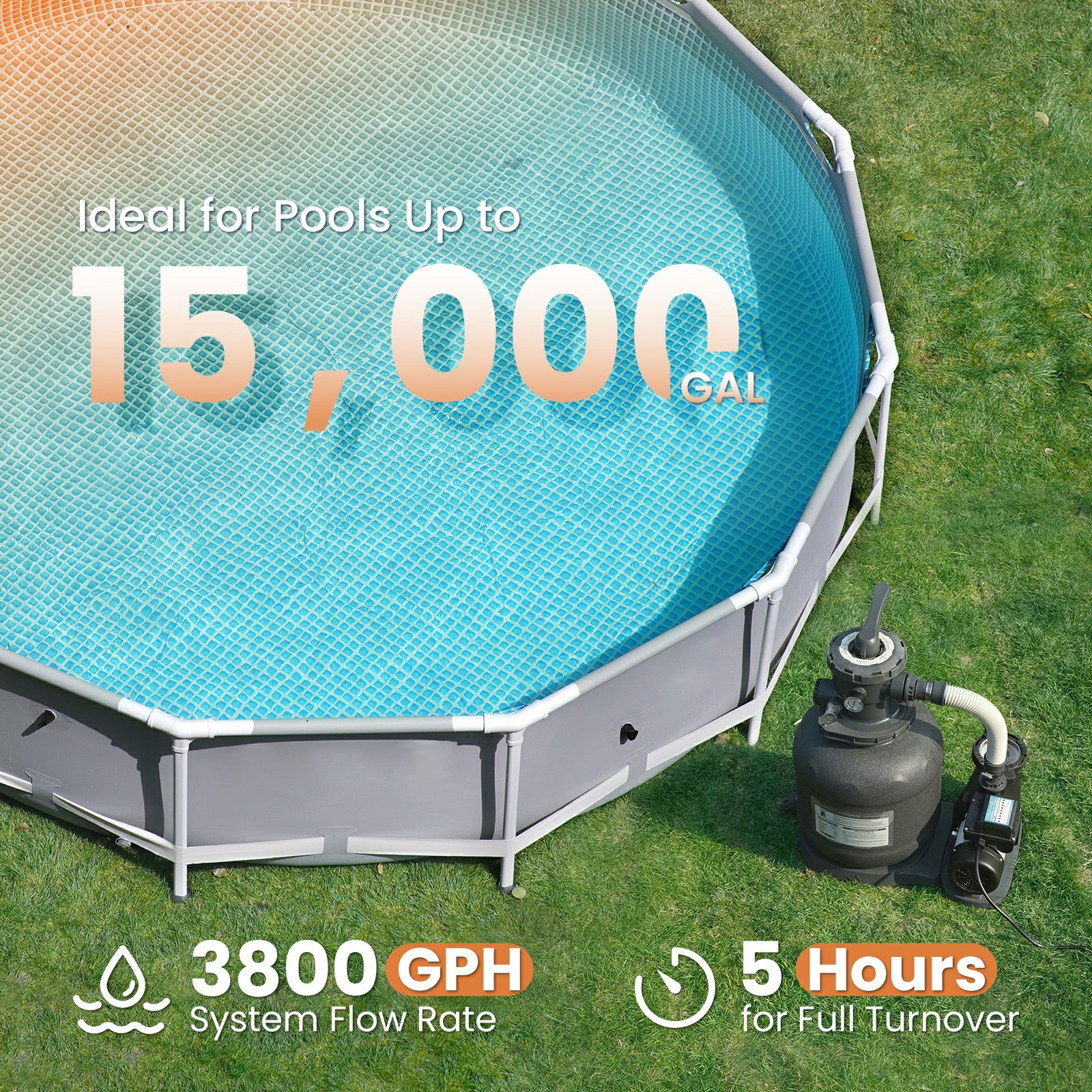 VIDAPOOL Sand Filter Pump for Above Ground Pool, Pool Pumps Above Ground, Pool Sand Filter with 6-Way Valve, 15in, 3/4 HP 3800 GPH with Timer, for Pools up to 15,000 Gallons, Efficient Filtration