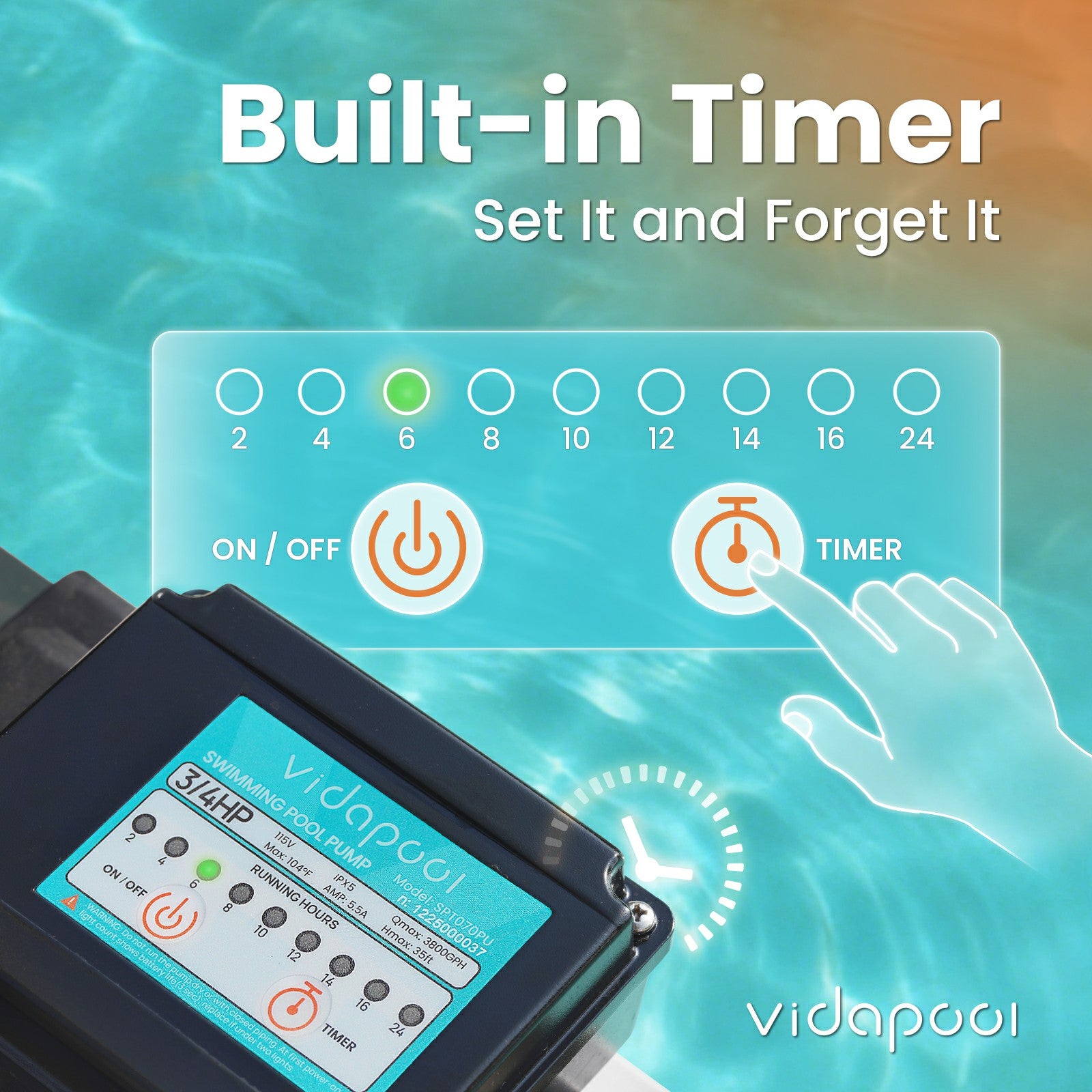 VIDAPOOL Sand Filter Pump for Above Ground Pool, Pool Pumps Above Ground, Pool Sand Filter with 6-Way Valve, 15in, 3/4 HP 3800 GPH with Timer, for Pools up to 15,000 Gallons, Efficient Filtration
