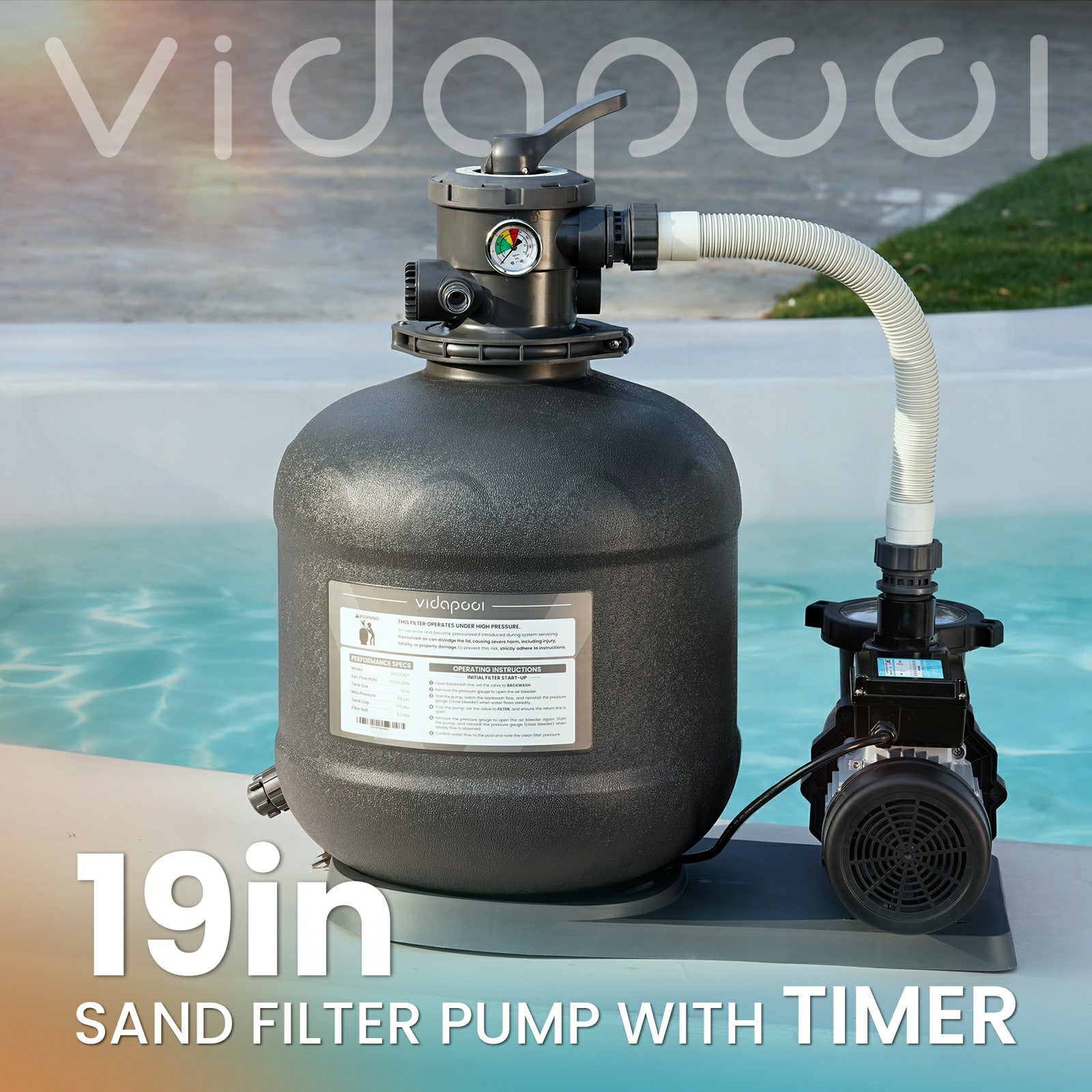 VIDAPOOL Sand Filter Pump for Above Ground Pool, Pool Pumps Above Ground, Pool Sand Filter with 6-Way Valve, 19in, 2 HP 8917 GPH with Timer, for Pools up to 29,000 Gallons, Efficient Filtration