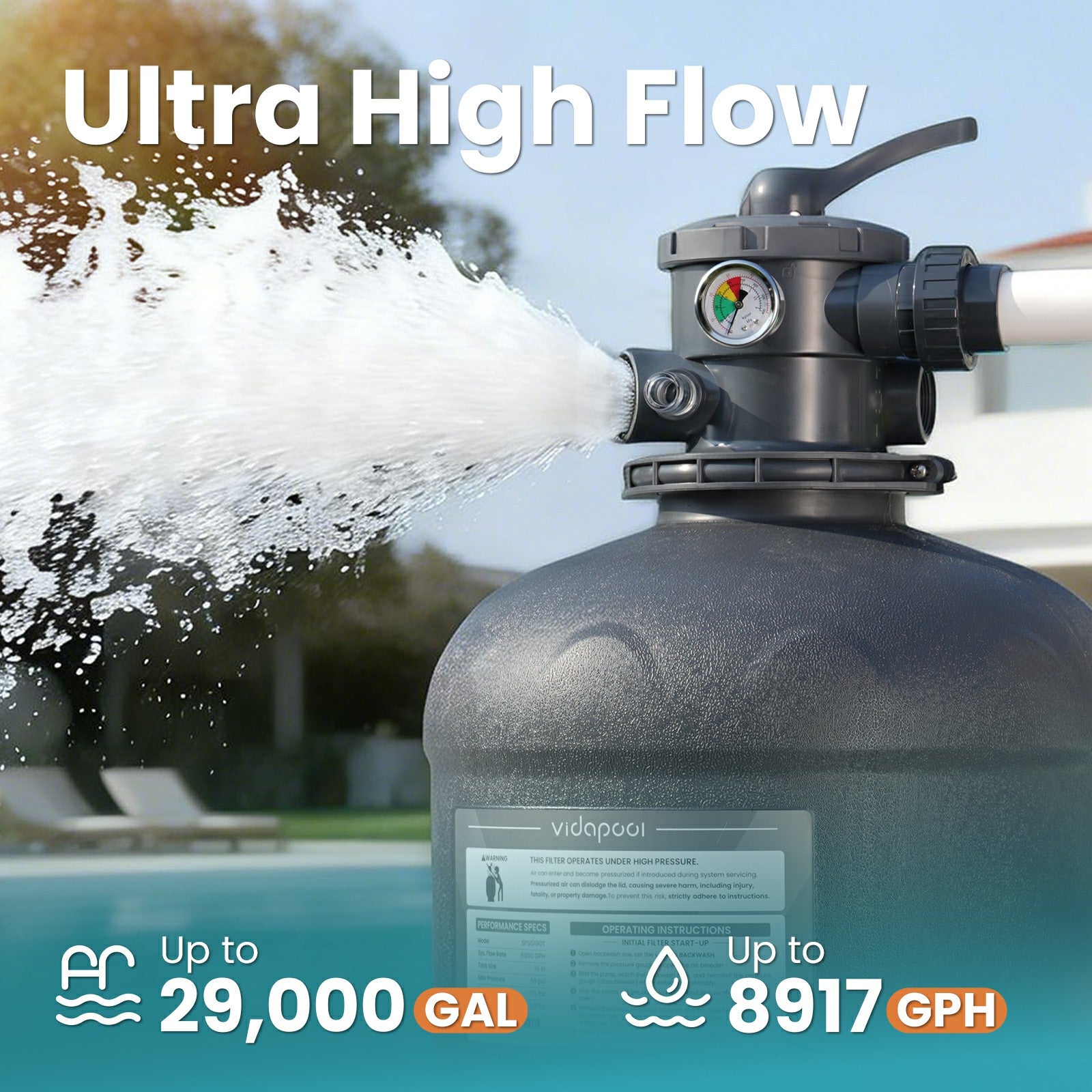 VIDAPOOL Sand Filter Pump for Above Ground Pool, Pool Pumps Above Ground, Pool Sand Filter with 6-Way Valve, 19in, 2 HP 8917 GPH with Timer, for Pools up to 29,000 Gallons, Efficient Filtration