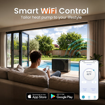 VTX035 35,000 BTU Swimming Pool Heater 12 COP Electric Pool Heat Pump for Above Ground and Inground Pools Heating and Cooling Smart WiFi Control Pools Up to,9000 Gallons