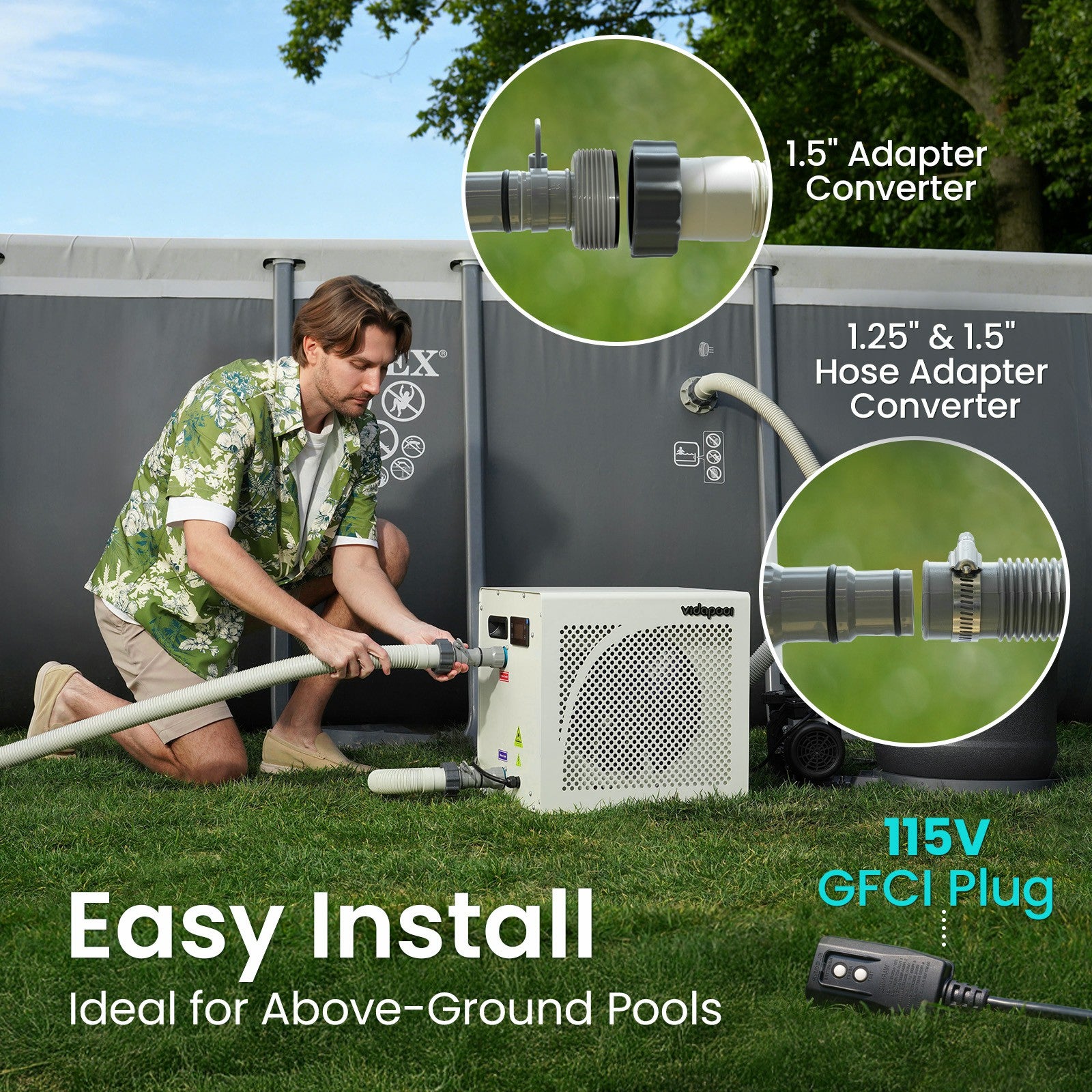 VTX018 18,000 BTU Swimming Pool Heater 7.5 COP Electric Pool Heat Pump for Above Ground and Inground Pools Heating and Cooling Smart WiFi Control Pools Up to,6500 Gallons