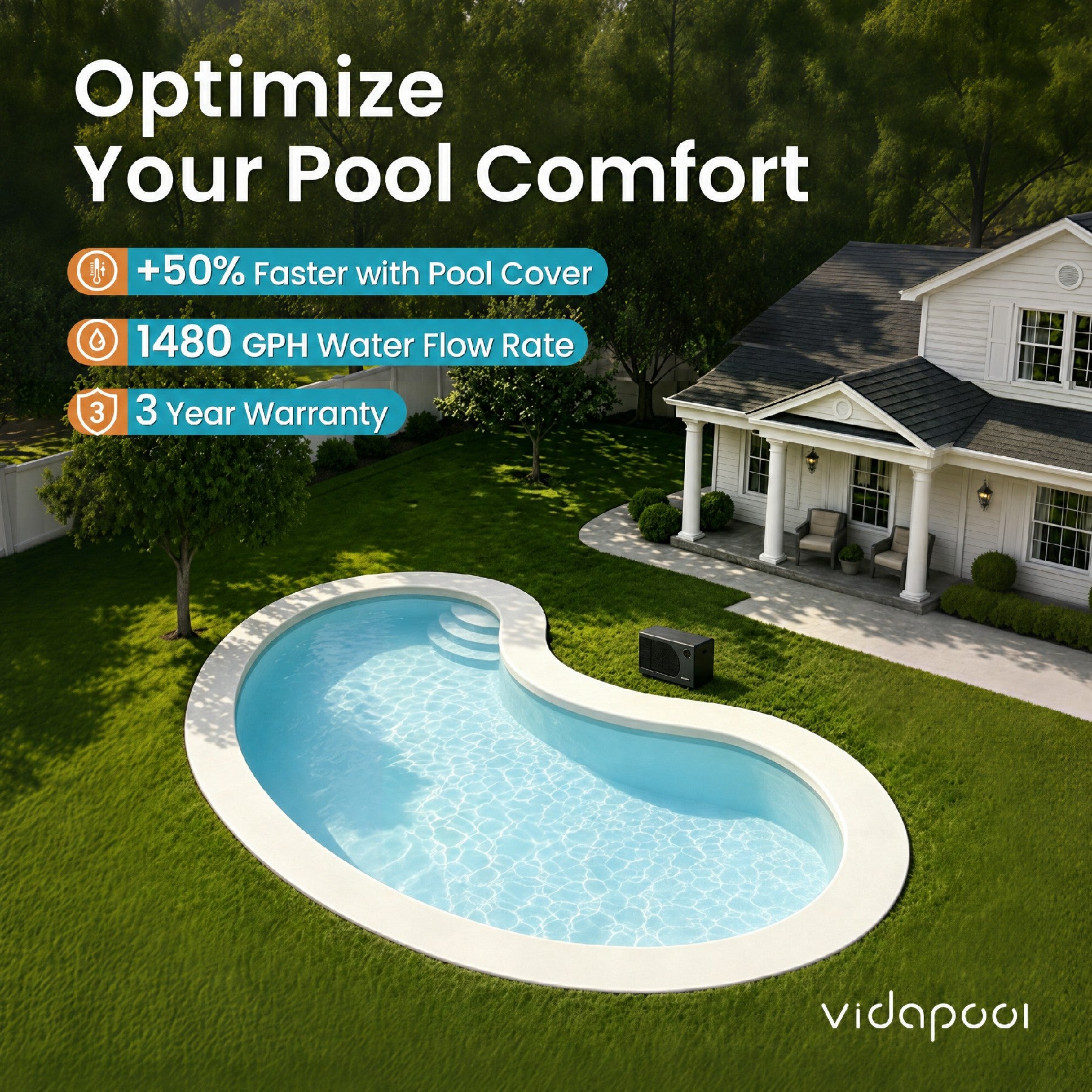 VTX075 75,000 BTU Swimming Pool Heater 12 COP Electric Pool Heat Pump for Above Ground and Inground Pools Heating and Cooling Smart WiFi Control Pools Up to,21000 Gallons