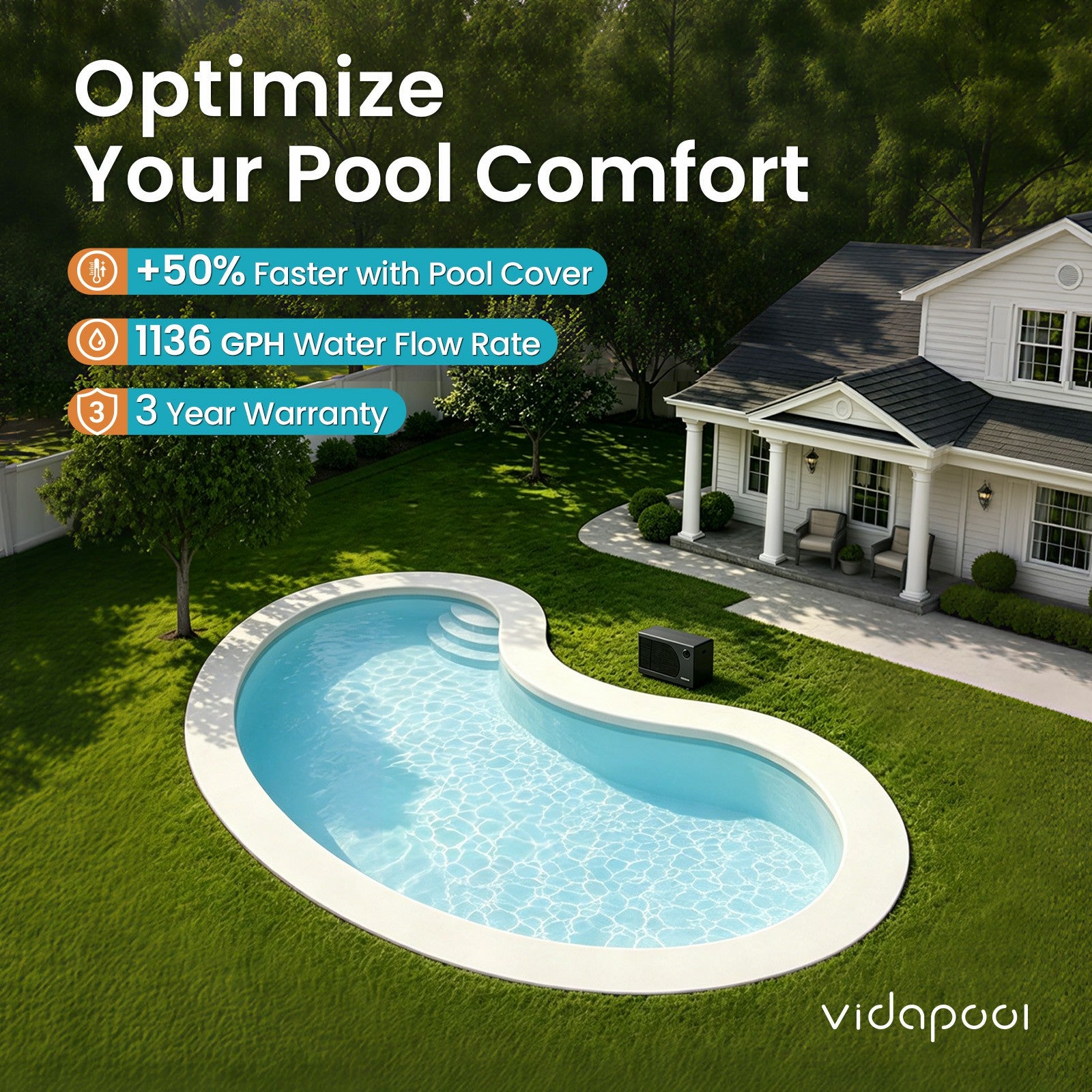 VTX035 35,000 BTU Swimming Pool Heater 12 COP Electric Pool Heat Pump for Above Ground and Inground Pools Heating and Cooling Smart WiFi Control Pools Up to,9000 Gallons