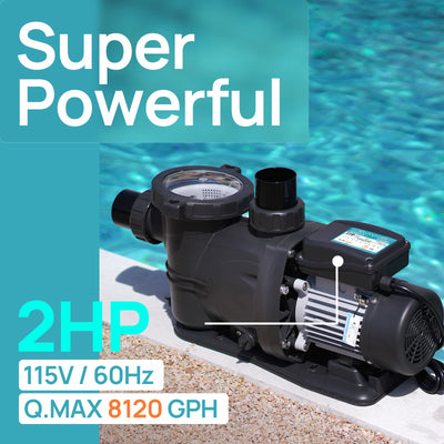 SPT200-LV In/Above Ground Pool Pump, Self Primming High Flow (with Timer, 2HP, 8120 GPH, 115V)