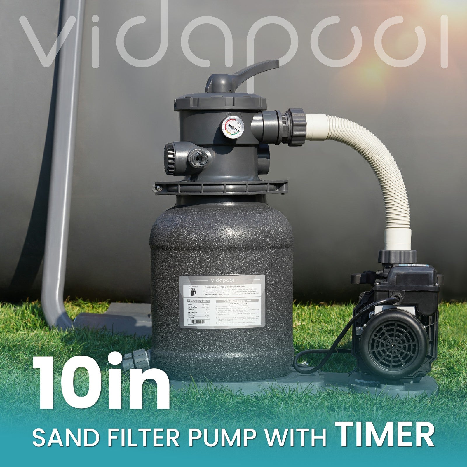 VIDAPOOL Sand Filter Pump for Above Ground Pool, Pool Pumps Above Ground, Pool Sand Filter with 6-Way Valve, 10in, 1/2 HP 2500 GPH with Timer, for Pools up to 11,000 Gallons, Efficient Filtration