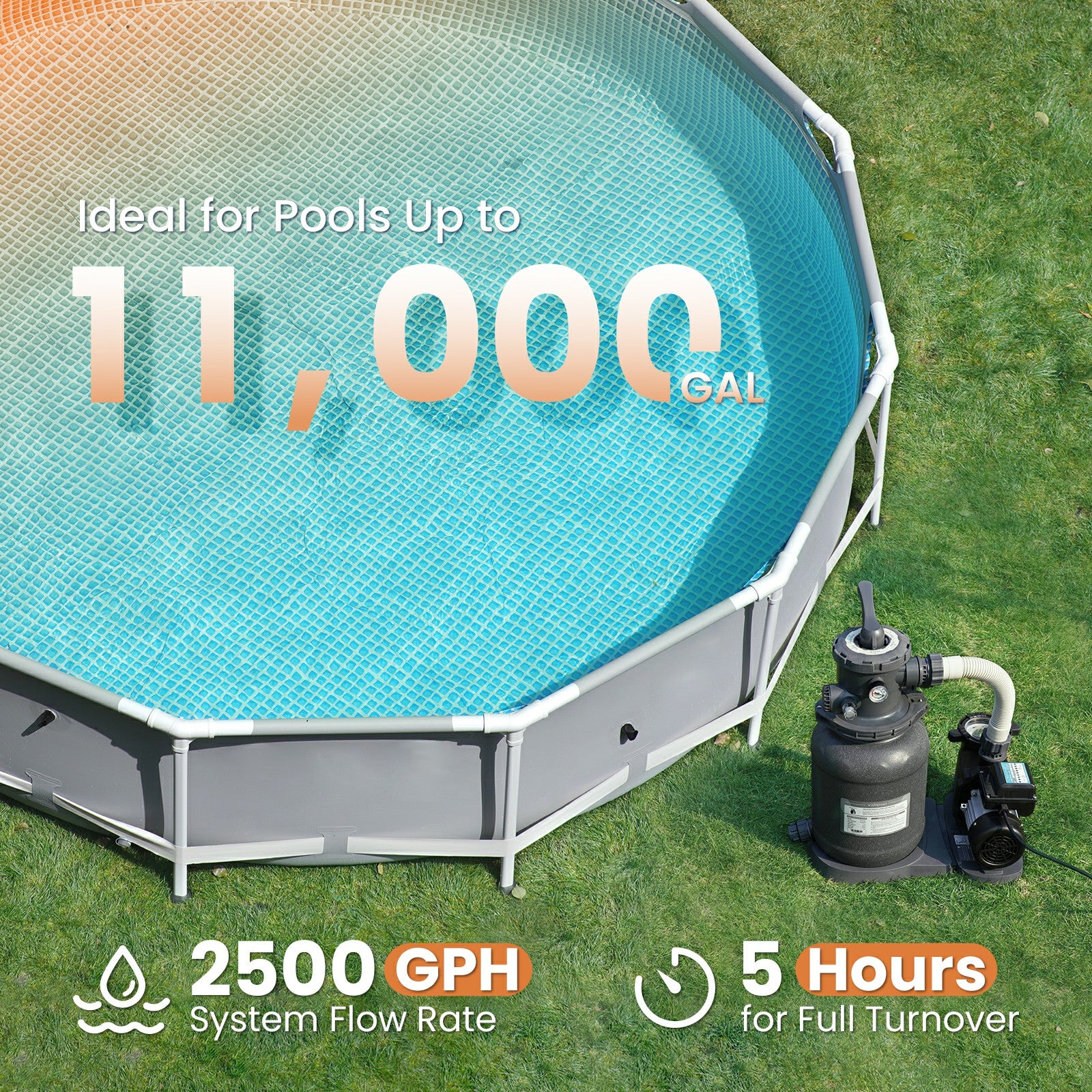 VIDAPOOL Sand Filter Pump for Above Ground Pool, Pool Pumps Above Ground, Pool Sand Filter with 6-Way Valve, 10in, 1/2 HP 2500 GPH with Timer, for Pools up to 11,000 Gallons, Efficient Filtration