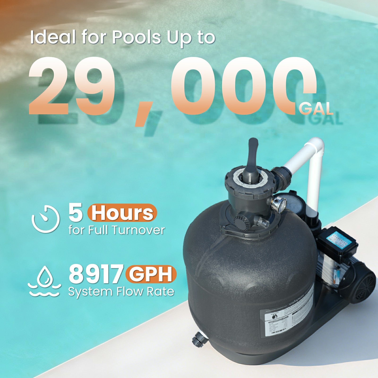 VIDAPOOL Sand Filter Pump for Above Ground Pool, Pool Pumps Above Ground, Pool Sand Filter with 6-Way Valve, 19in, 2 HP 8917 GPH with Timer, for Pools up to 29,000 Gallons, Efficient Filtration