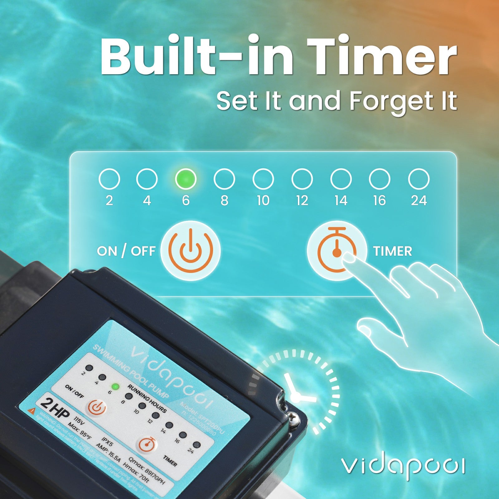 VIDAPOOL Sand Filter Pump for Above Ground Pool, Pool Pumps Above Ground, Pool Sand Filter with 6-Way Valve, 19in, 2 HP 8917 GPH with Timer, for Pools up to 29,000 Gallons, Efficient Filtration