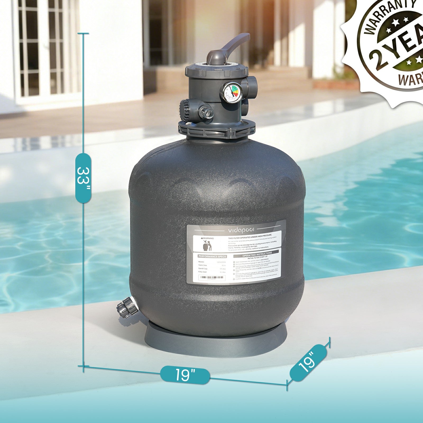 VIDAPOOL Sand Filter System with 6-Way Valve, Top-Mount Valve Pool Sand Filter (Pool Pump Not Included) , 19in Pool Filter Fits all Above Ground Pools & Inground Pools Up to 29000 Gallons